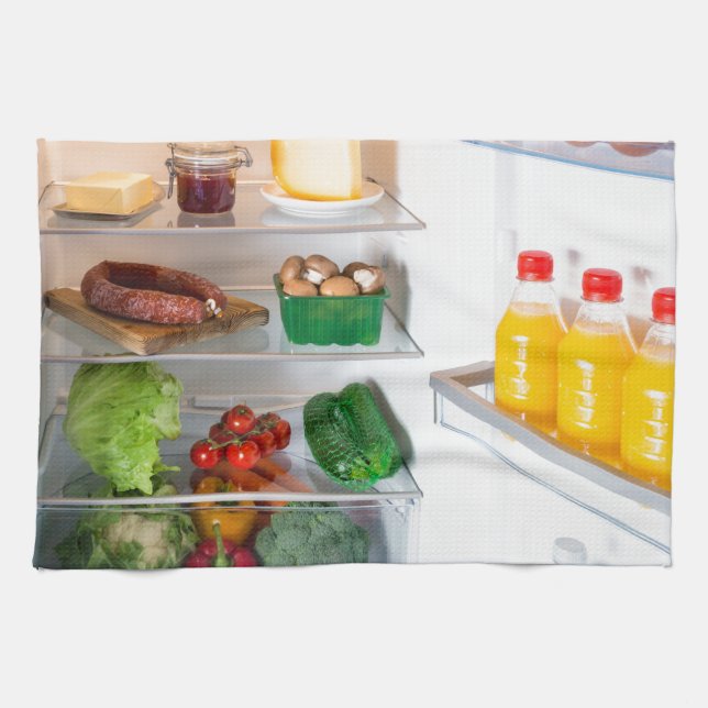 Öppna kylskåp fylld med mat kökshandduk (Horisontell)