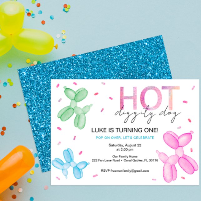 Öppna över Bright Blegon Birthday Inbjudan (hot diggity dog balloon animals birthday party invitation for kids)