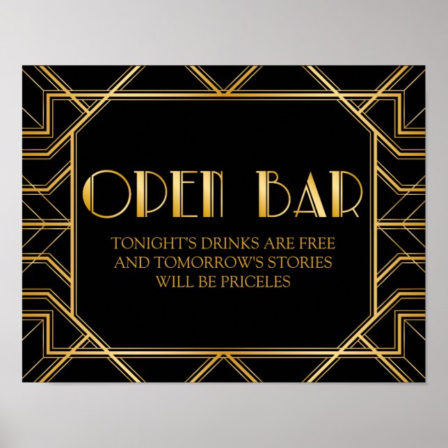 Öppna Pub Bröllop-tecken | Gatsby Art Deco Poster (Framsidan)