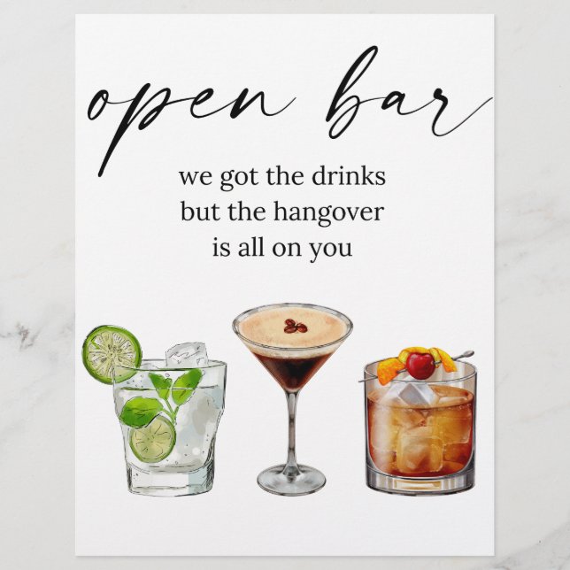 Öppna pub lustigt söta bröllop vattenfärgscocktail reklamblad (Framsidan)