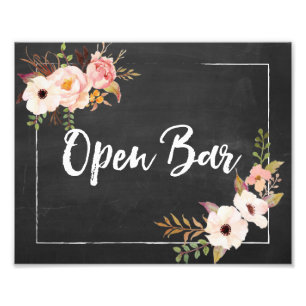 Öppna Pub Rustic Chalkboard Blommigt Bröllop-tecke Fototryck
