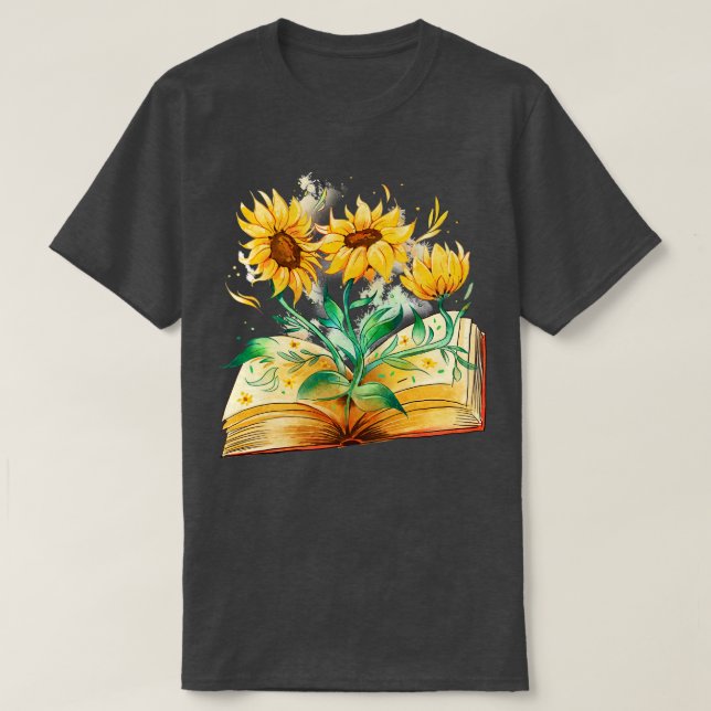 Öppna Skrivan Bok Sunblommor Bookworm Reader Readi T Shirt (Design framsida)
