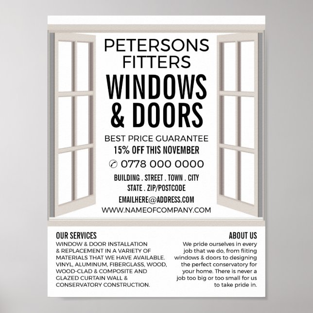 Öppna Window Design, Window & Door Fitter Company Poster (Framsidan)