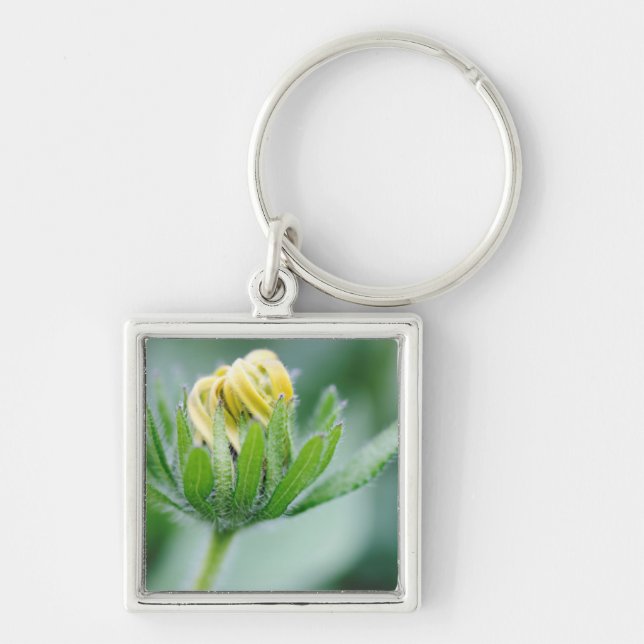 Öppnande blomma av kägelblomma fyrkantig silverfärgad nyckelring (Framsidan)