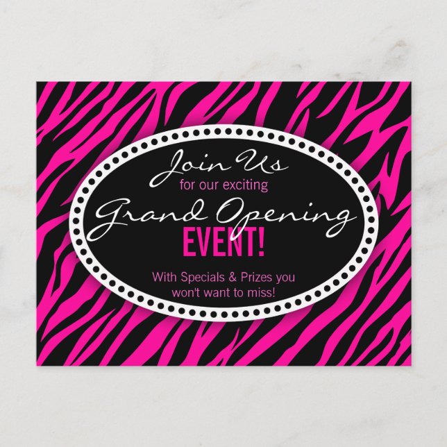 Öppning av Pink Zebra Print Hår Salong Vykort (Framsida)