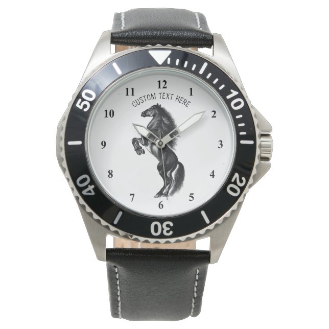 Opright Black Vild Horse - Black and White Tecknin Armbandsur (Framsida)