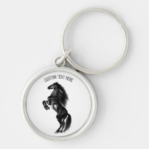 Opright Black Vild Horse - Black and White Tecknin Rund Silverfärgad Nyckelring