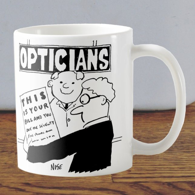 Optician Presenter hans lag. Lustig tecknad om Op Kaffemugg (Skapare uppladdad)