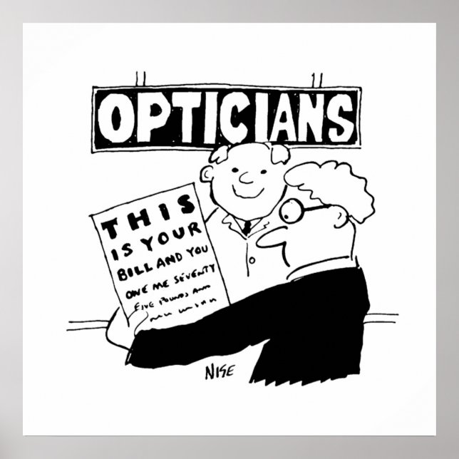Optician Presenter hans lag. Lustig tecknad om Op Poster (Framsidan)