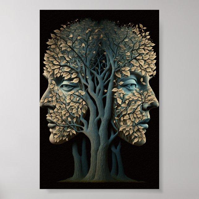 Optisk Illusion Träd Ansikte med blåsande Löv Poster (Framsidan)