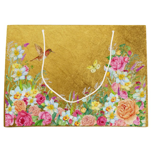 Opulence Gold Floral Hummingbird Gift Bag (Framsidan)