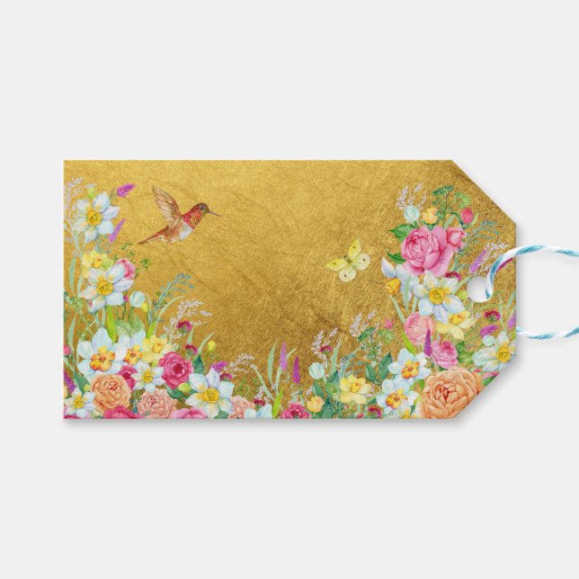 Opulence Gold Floral Hummingbird Presentetikett (Framsidan (Horisontell))