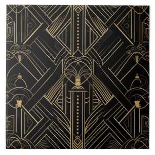 Opulent Art Deco, Black Guld, Geometric Design Kakelplatta