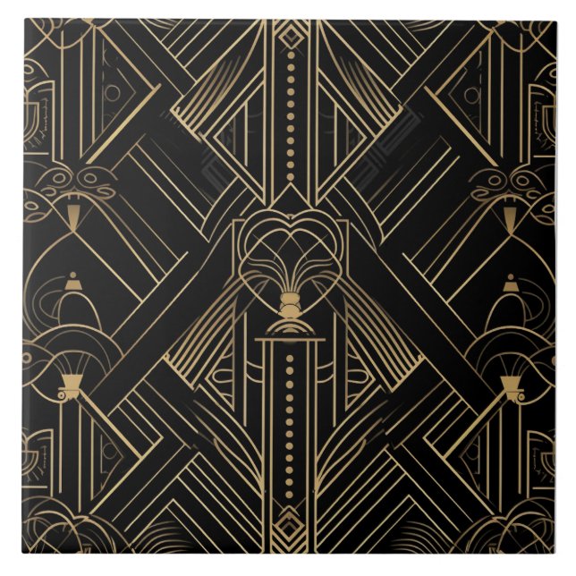 Opulent Art Deco, Black Guld, Geometric Design Kakelplatta (Framsidan)