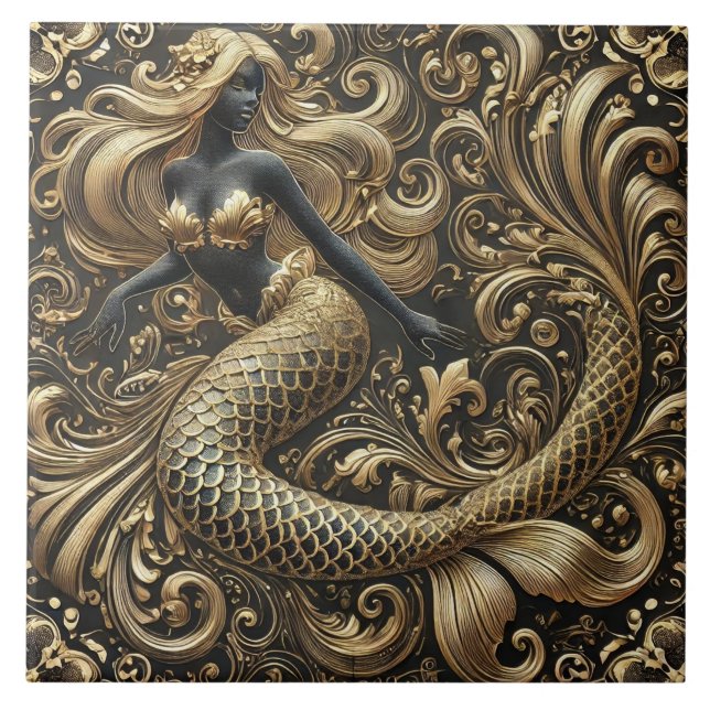 Opulent Baroque Golden Sjöjungfru Kakelplatta (Framsidan)