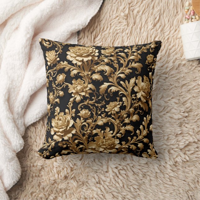 Opulent Black & Guld Baroque Blommigt Pillow Kudde (Filt)