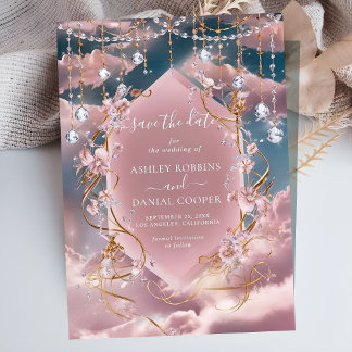 Opulent Blue Rosa Clouds Calligraphy Save Date Inbjudningar