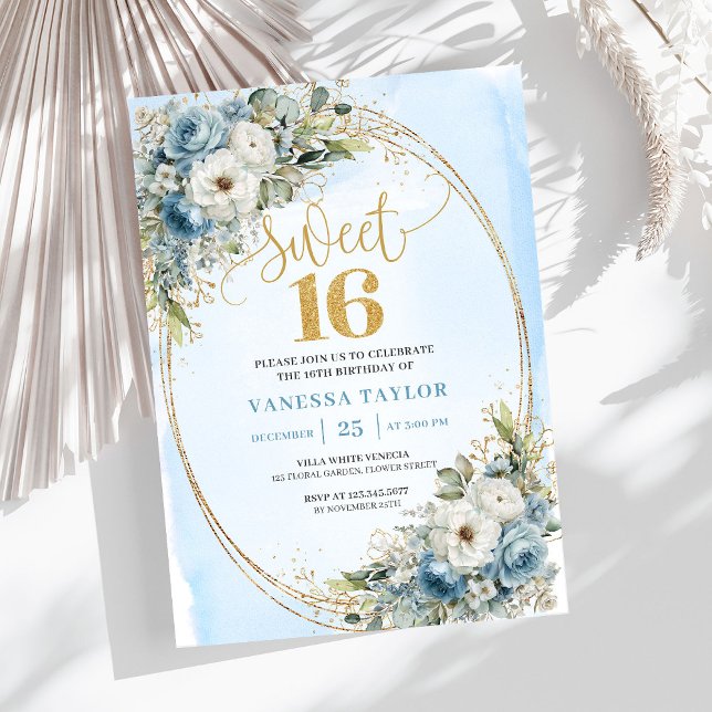 Opulent Dusty Blue Gold Sweet Sixteen Invitation Inbjudningar (Opulent Dusty Blue Gold Sweet Sixteen Invitation)