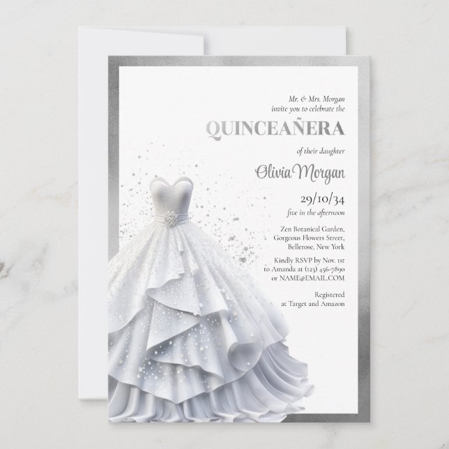 Opulent elegant silver dress glamor Quinceañera Inbjudningar (Framsida)