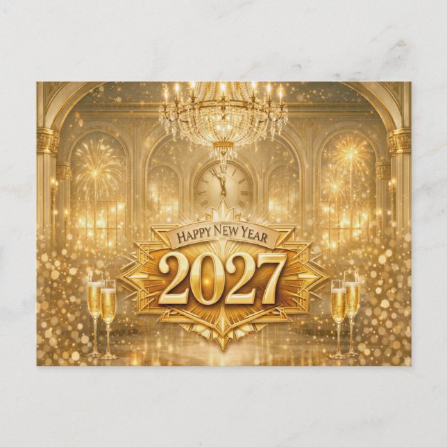 Opulent Gold Ballroom Happy New Year 2027 Helg Vykort (Framsida)