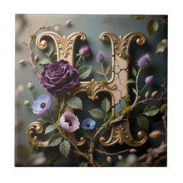 Opulent Gold Floral Letter H Monogram Kakelplatta