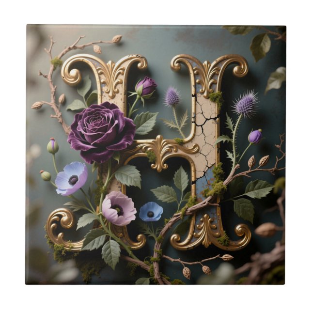 Opulent Gold Floral Letter H Monogram Kakelplatta (Framsidan)