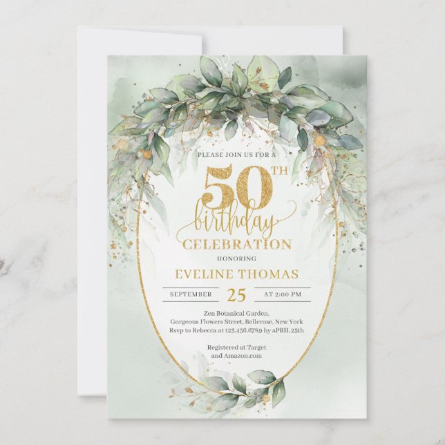 Opulent grönt eucalyptus boho 50- årsdag inbjudningar (Framsida)