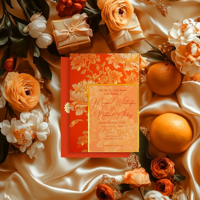 Opulent Orange och Guld Mandarin Blommigt Bröllop Inbjudningar (Elegant Orange Mandarin Floral Wedding Invitation )