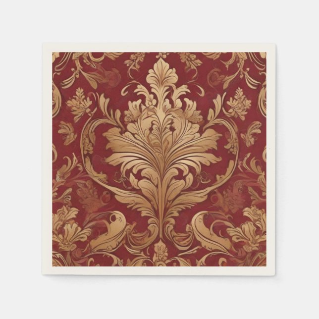 Opulent Red och Guld Damask Pappersservett (Framsidan)