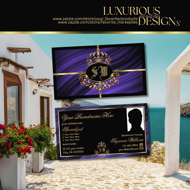 Opulent Royal Blue Guld Krona med Monogram Photo Visitkort (Skapare uppladdad)