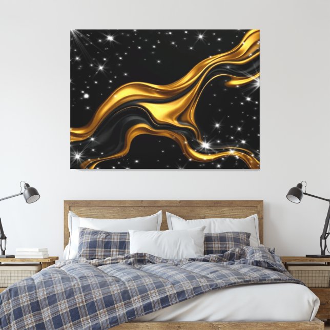 Opulent Swirl Liquid Gold Black Monochro Achempong Canvastryck (Insitu (sovrum))