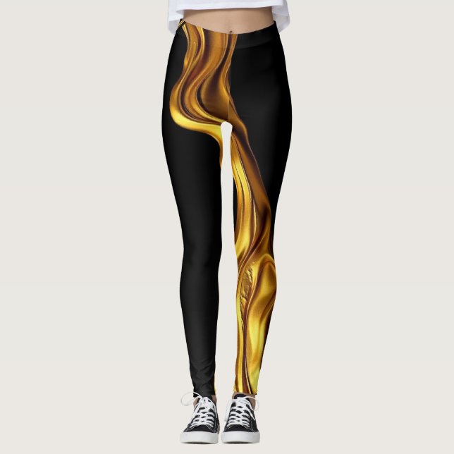 Opulent Swirl: Liquid Gold Black Monochrome Art    Leggings (Framsida)