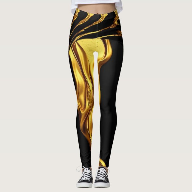 Opulent Swirl Liquid Gold Black Monochrome  Leggings (Framsida)