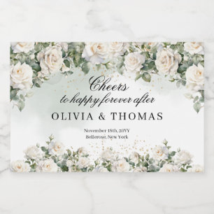 Opulent vattenfärgad bouquet vit ros greenery spritflaskor etikett