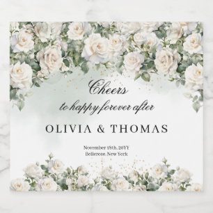 Opulent vattenfärgad bouquet vit ros greenery spritflaskor etikett