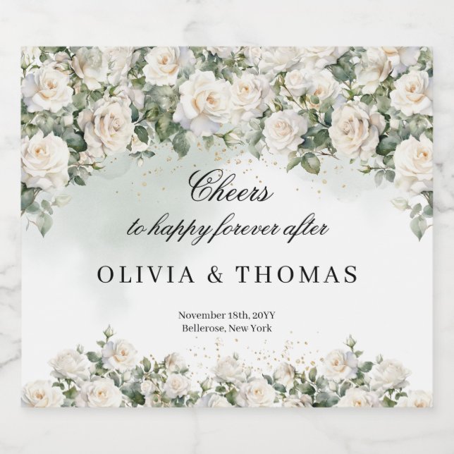 Opulent vattenfärgad bouquet vit ros greenery spritflaskor etikett (Enkel etikett)