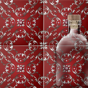 Opulent Victorian Scarlet Red och Silver Swirls Kakelplatta