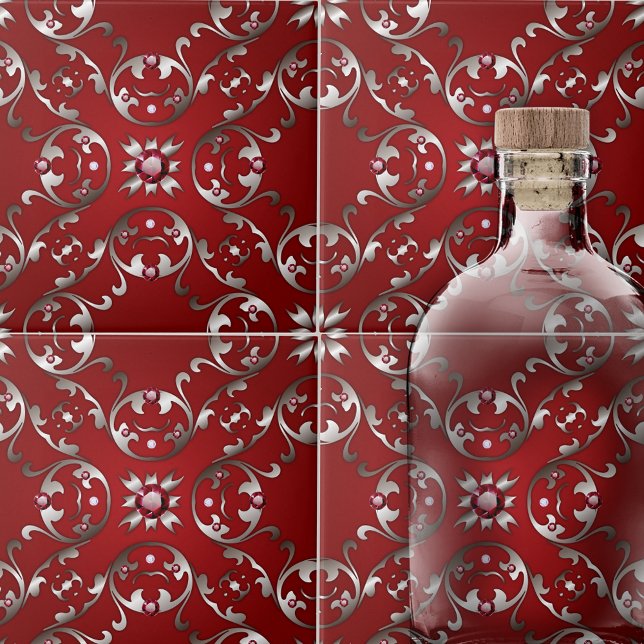 Opulent Victorian Scarlet Red och Silver Swirls Kakelplatta (Skapare uppladdad)