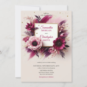 Opulenta burgundblommor och guld ram bröllop inbjudningar