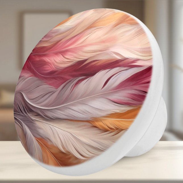 Opulenta fjädrar: Luxurious Beige, Taupe, Pinks Knopp (Ceramic Knob - Luxurious Feathers in Pinks and Gold - Decor Accent for Bedroom or Bathroom)
