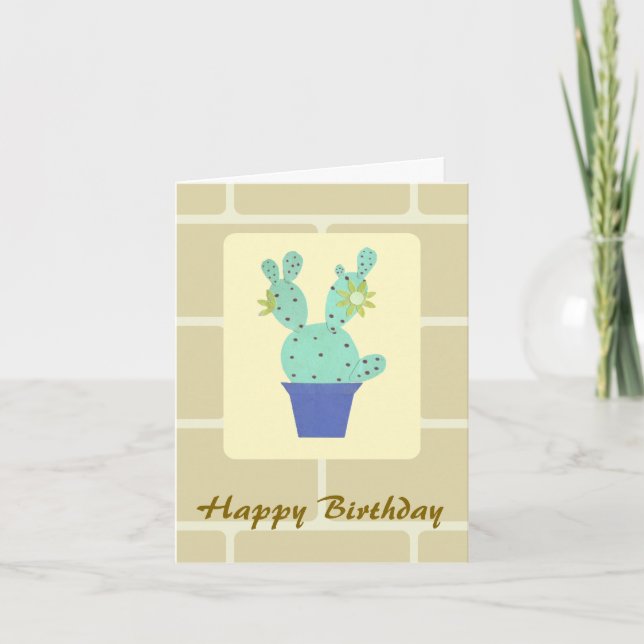 Opuntia Cactus and Wall Bricks Birthday Card Kort (Framsida)