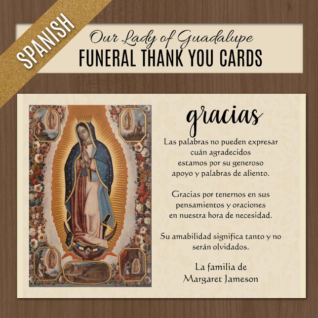 Oraciones Fúnebres con Nuestra Señora de Guadalupe Tack Kort (Spanish Catholic Funeral Thank You Cards - Our Lady of Guadalupe)
