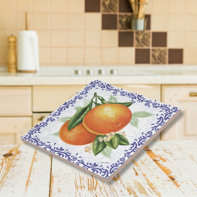 Orangar av keramiskt plattor kakelplatta (Shower Favor - French Country Oranges with Blue Toile Ceramic Artisan Tile)