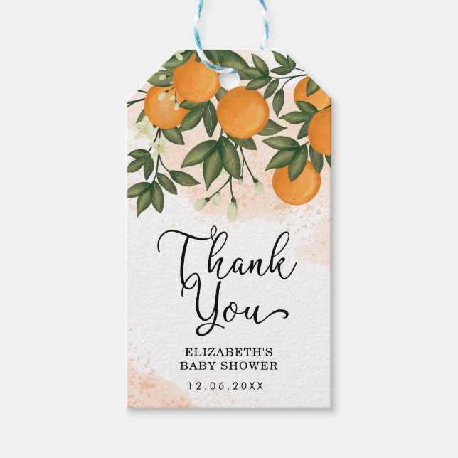 Orangar av sötsommarcitrusfrukter Greenery Baby Sh Presentetikett (Framsidan)