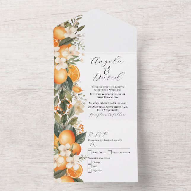 Orangar Blommigtar Fruit Wedding bjudande och OSA (Insida)