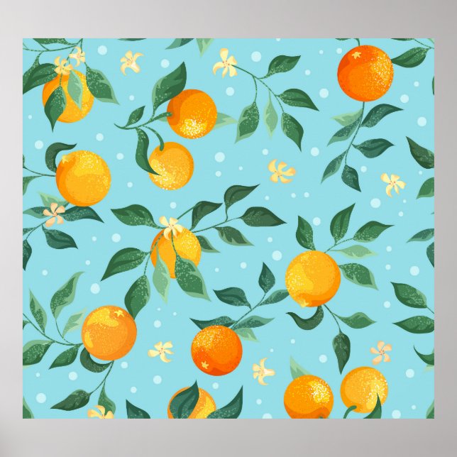 Orangar, blommor: textila sömlösa mönster. poster (Framsidan)