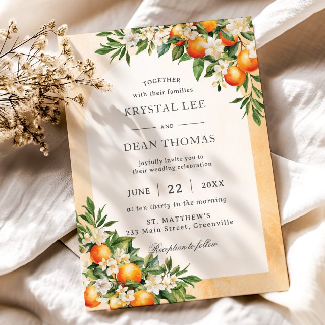 Orangar Citrus Fruits Greenery Orchard Bröllop Inbjudningar (modern orange fruit trees orchard wedding invitation cards)