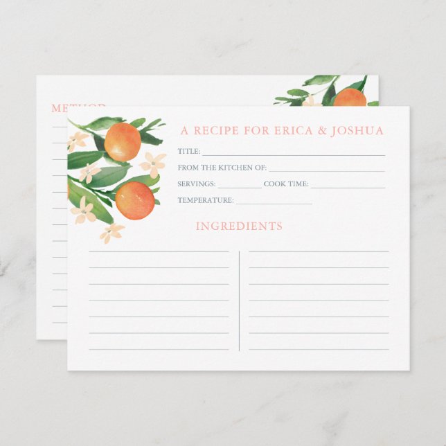 Orangar Citrus Matching Möhippa Recipe Cards Inbjudningar (Fram/baksida)