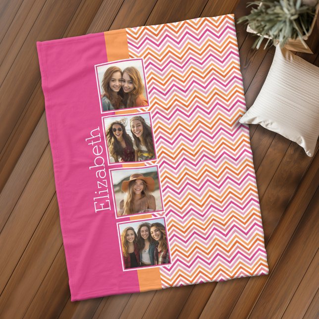 Orangar för Bright Photo Collage Shock rosa Fleecefilt (Personalized fleece blanket with 4 photos and a monogram)