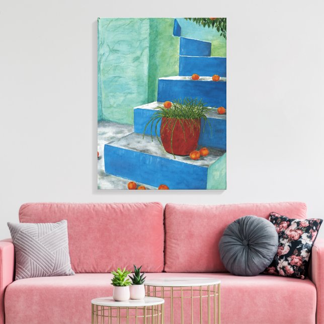 Orangar för grekiska vattenfärgsmålning i Trappor Canvastryck (Insitu (Vardagsrum))